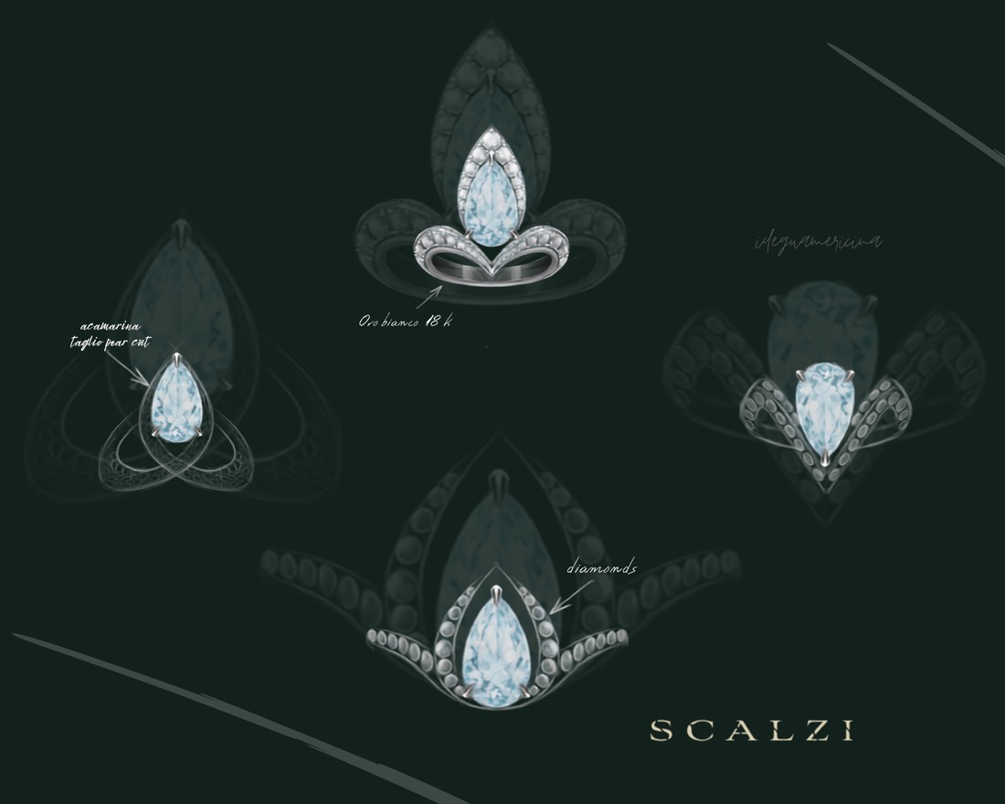 Studio di anelli con acquamarina pear cut e diamanti