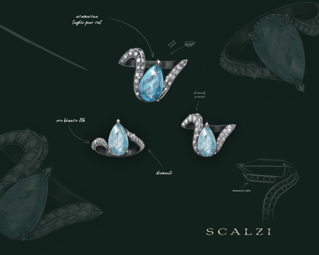 Design shuttle con acquamarina pear cut e diamanti