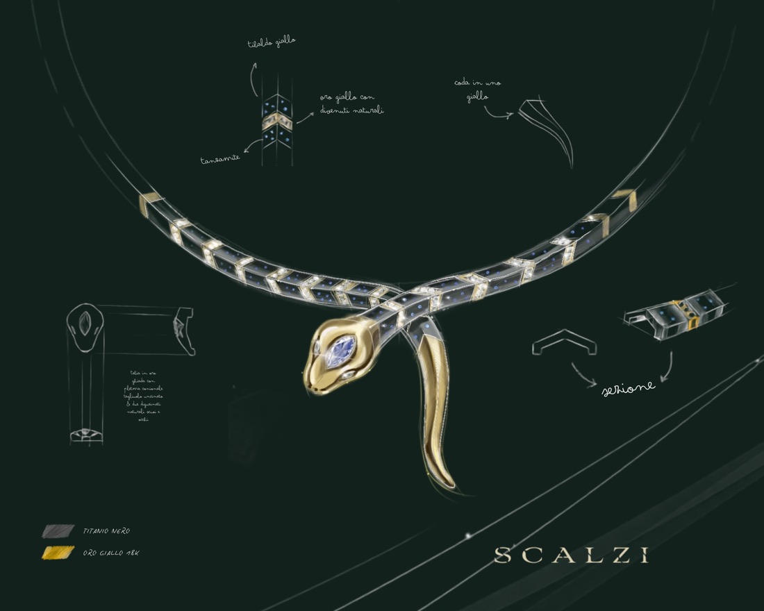 Collana serpente in titanio nero e oro giallo