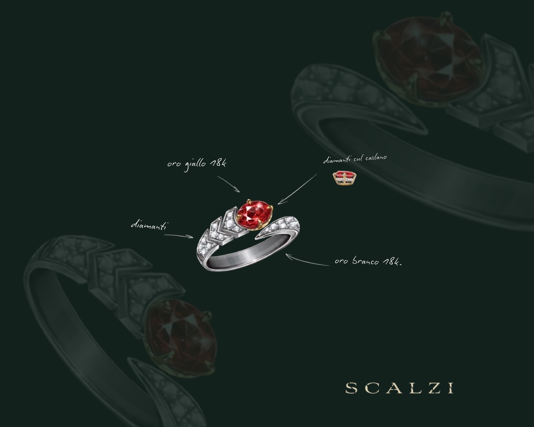 Anello con pietra rossa e diamanti